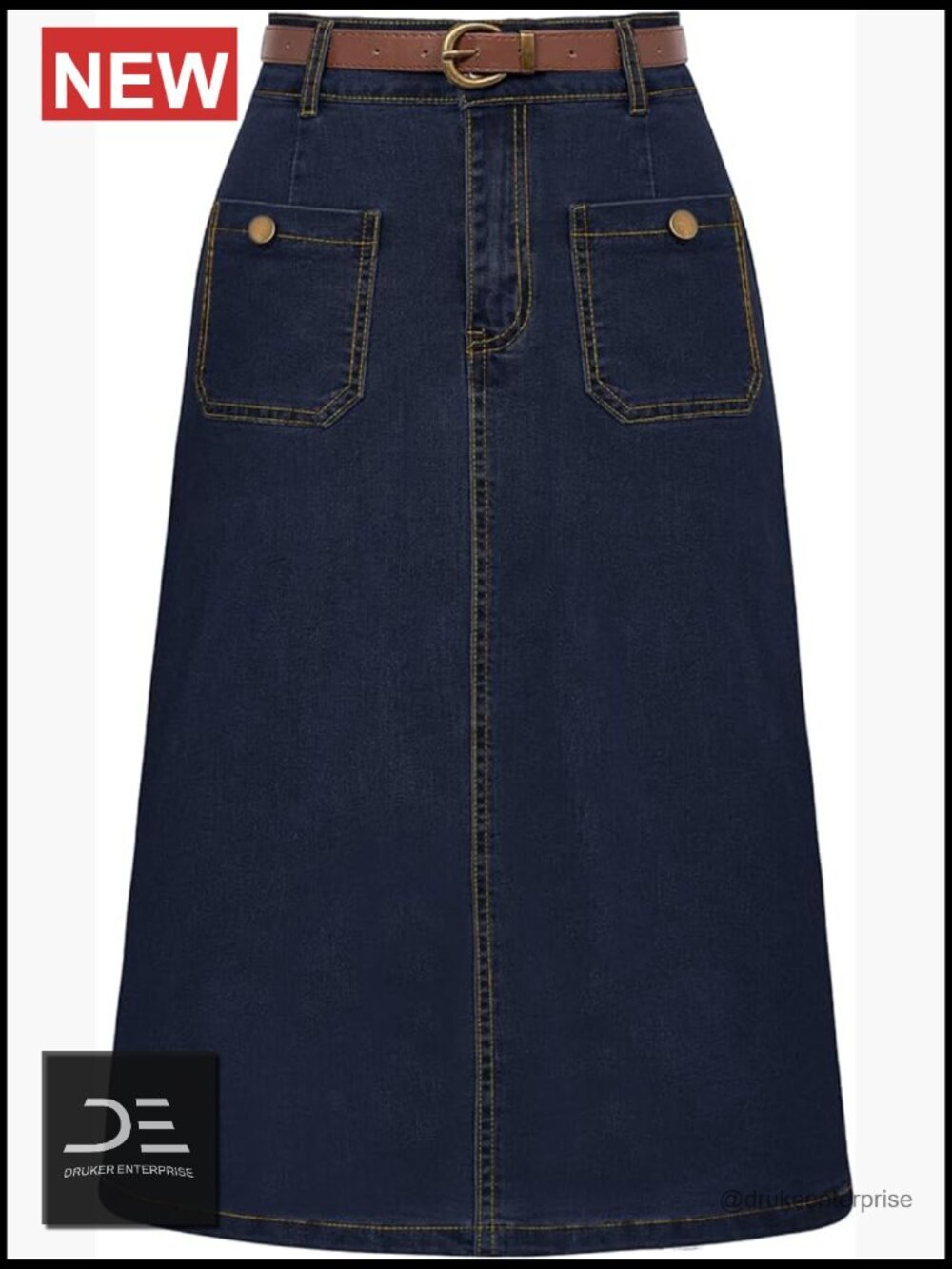 High Waist Denim Skirt with Belt Below Knee Cotton Blend